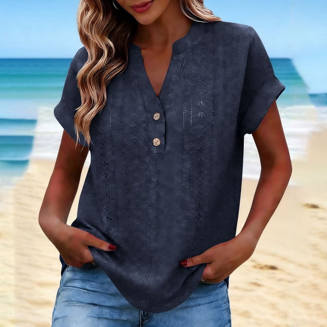 TaTaai V Neck Pa Button Down Short Sleeve Tees for Women 2026 Casual Loose Fit Solid Color Blouse Soft Polyester Summer Daily Top Gift