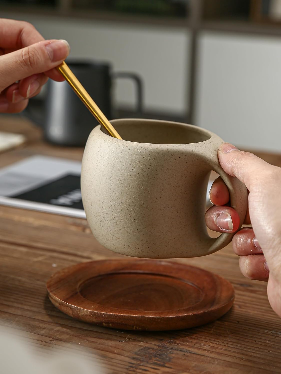 6 Oz Coffee Cup Mug Espresso Cups Set, Ceramic Cup with Natural Acacia Wood Saucer for Espresso, Latte, Cappuccino Coffee, Tea, Unglazed Porcelain Arty Mug (Natural Earthiness Finish)
