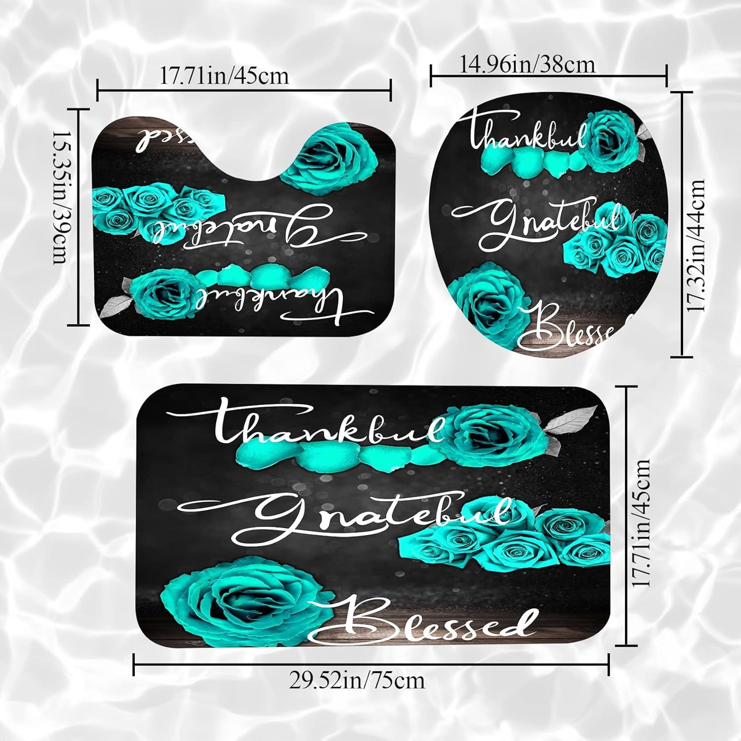 Teal Rose Shower Curtain Set, Thankful Grateful Blessed Turquoise Bathtub Curtain with Non-Slip Rug, Toilet Lid Cover, Bath Mat and 12 Hooks, Romantic Green Floral Bathroom Decor