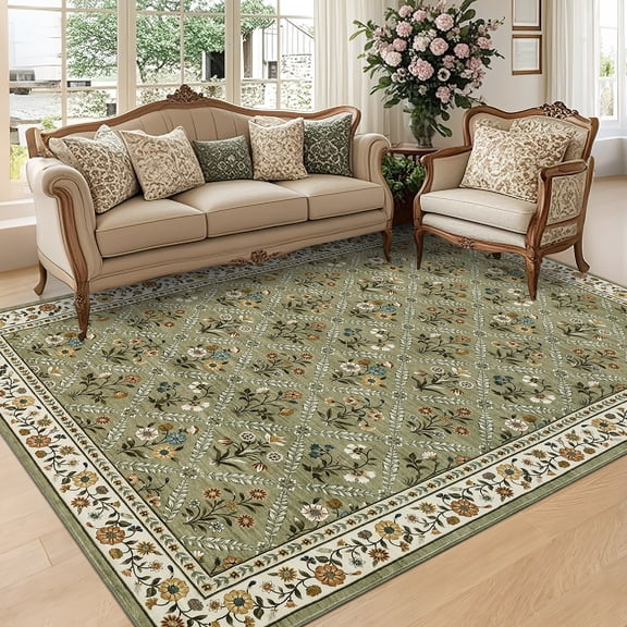 ZACOO 8'x10' Vintage Lattice Floral Area Rug Low Pile Easy Vacuum Machine Washable Non-Slip Carpet for Living Room Entryway Dining Room, Green