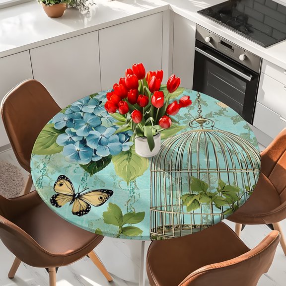 Spring Hydrangea Butterfly Elastic Fitted Round Tablecloth Retro Birdcage Waterproof Outdoor Table Cover for Holiday Party, Picnic, Patio & Dining Fits Tables Up to 36"-44"