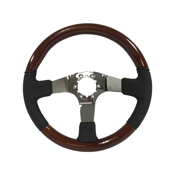 VSW 14 inch Mahogany Finished Wood-Leather Steering Wheel, 6-Bolt, Chrome Center Spoke, ST3019