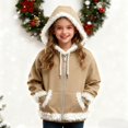 thumbnail image 2 of Gyexs Christmas Hoodies for Girls Boys Warm Lined Feather Trim Hooded Sweatshirt Zip Up Jacket with Pockets Fashion Cute Outfits Z01 Khaki & 7-8 Years, 2 of 6