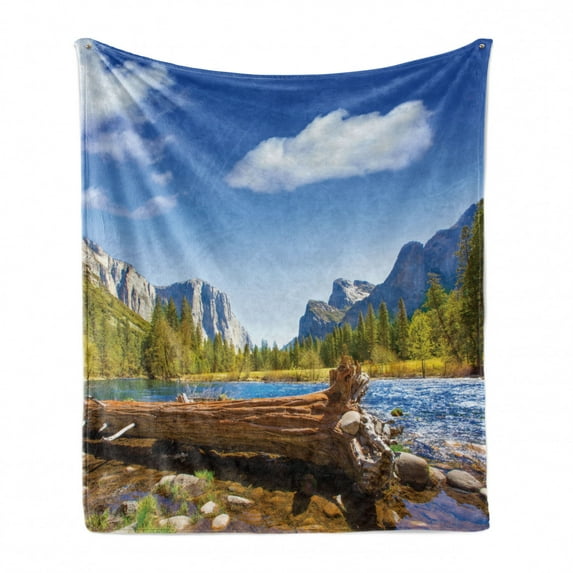 Yosemite Soft Flannel Fleece Blanket, Yosemite Merced River El Capitan Half Dome in California National Park Waterscape, Cozy Plush for Indoor and Outdoor Use, 70" x 90", Green Blue, by Ambesonne