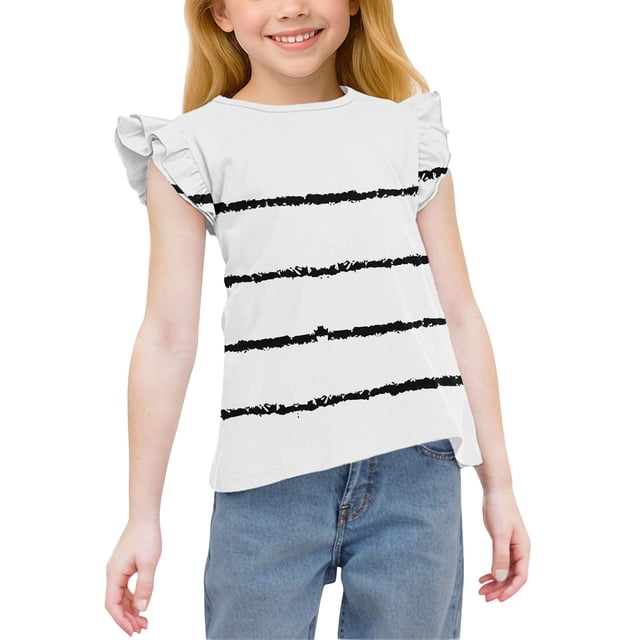 vdgthytj T-Shirts d'Été pour Filles Tout-Petits Manches à Volants Rayées Col Rond Décontracté 3-15 Ans
