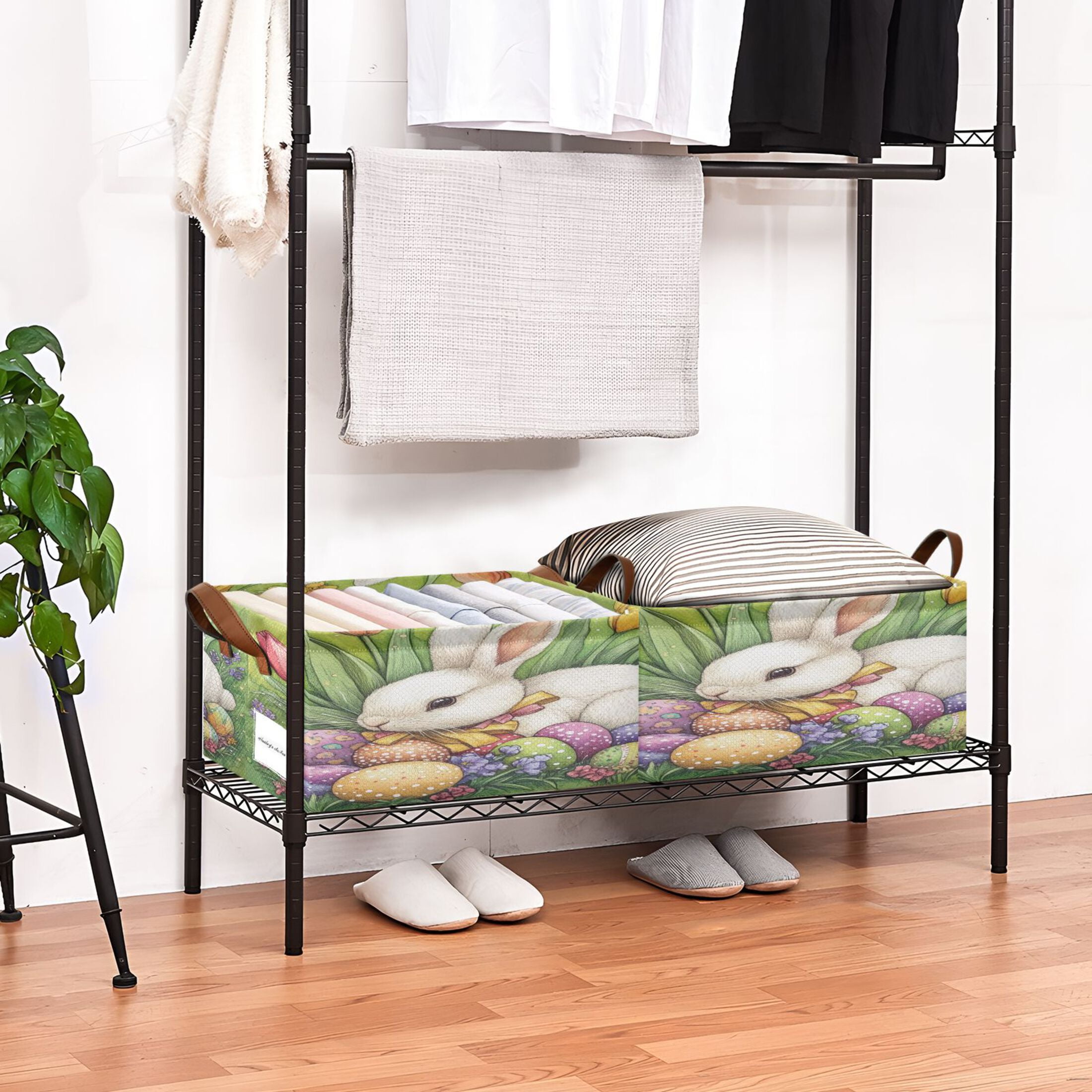 Wobogo Easter White Bunny Storage Basket Soccer Plaid Fabric Oversized Collapsible Hoard Box with Metal Iron Frame 16.9×11.4×7.7in