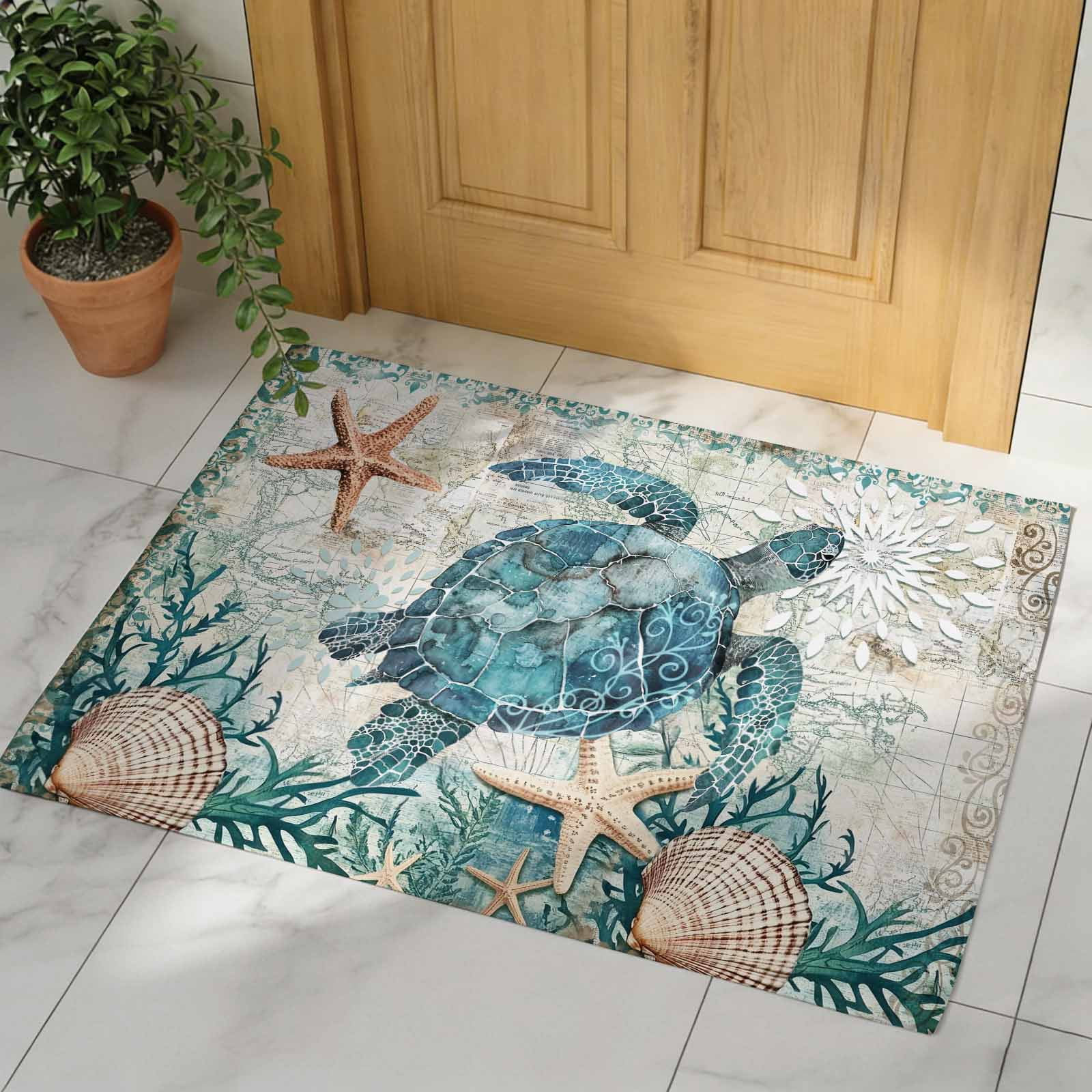 Teal Sea Turtle Indoor Door Mat - 16"x24", Non-Slip Welcome Mat for Outdoor, Coastal Coral Ocean Nautical Vintage Front Doormat for Entry, Low-Profile Doormat Entrance Rug for Kitchen/Bathroom