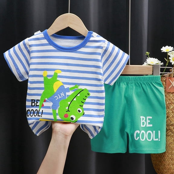 EliteGoogv Outfits For Kids Short Sleeve Crew Neck T Shirt Cartoon Print Elastic Waist Shorts Summer Clothing Sets Boys Girls T Shirts Kids Shorts Sets Green