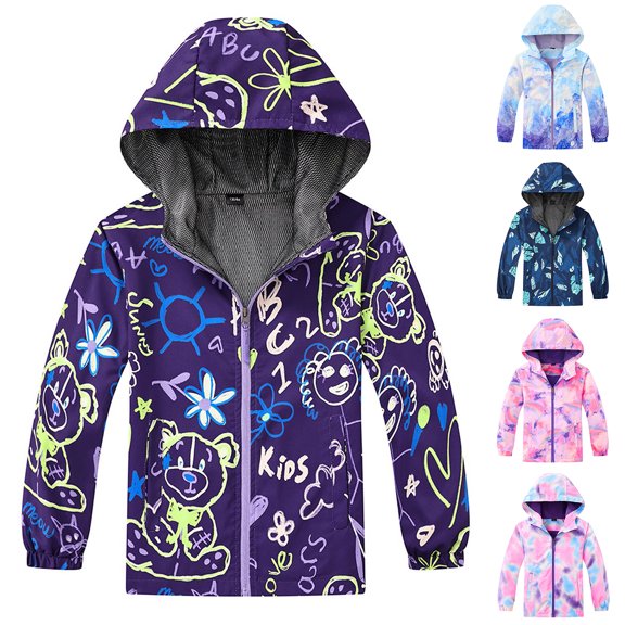 Afuyipoi Kids Fashion Print Hooded Jacket Windproof Waterproof Fleece Lined Zip Up for Boys Girls Size 4-12 Purple Size 5T