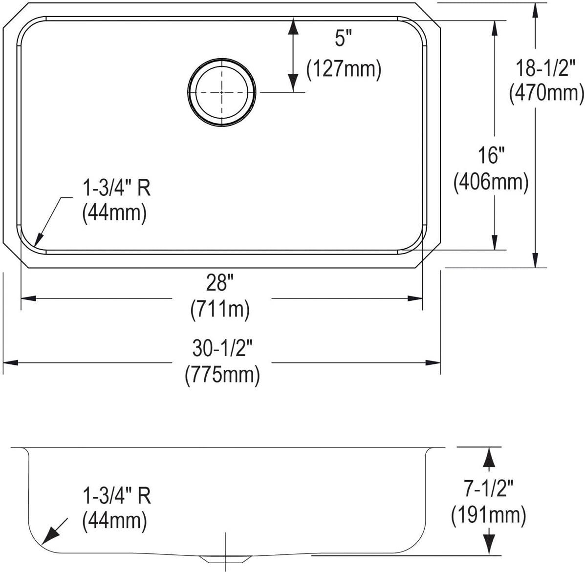 Elkay ELUH2816 Lustertone Stainless Steel 30-1/2" x 18-1/2" x 7-1/2", 1-Bowl Undermount Kitchen Sink