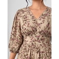 thumbnail image 3 of Coffee Brown Floral Print V-Neck Maxi Dress With Tiered Skirt, Side Slit And 3/4 Sleeves For Women, 3 of 7