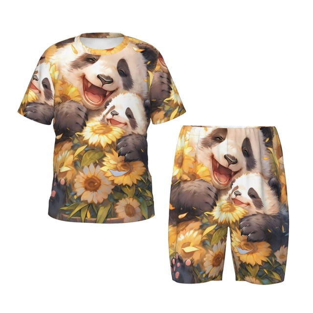 Fotbe Cute Panda Sunflower Pijama Estampada de 2 Piezas para Niños – Ropa de Dormir de Manga Corta Cómoda para Niños y Niñas, Camiseta y Shorts de Algodón-XX-Large