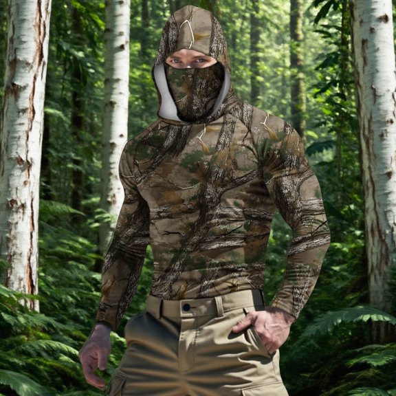 lcziwo Mens Fashion Hooded Sweatshirt with Mask UPF 50 Big and Tall Camo Print Long Sleeve Shirt Casual Summer Holiday Outdoor Blouse Camouflage L