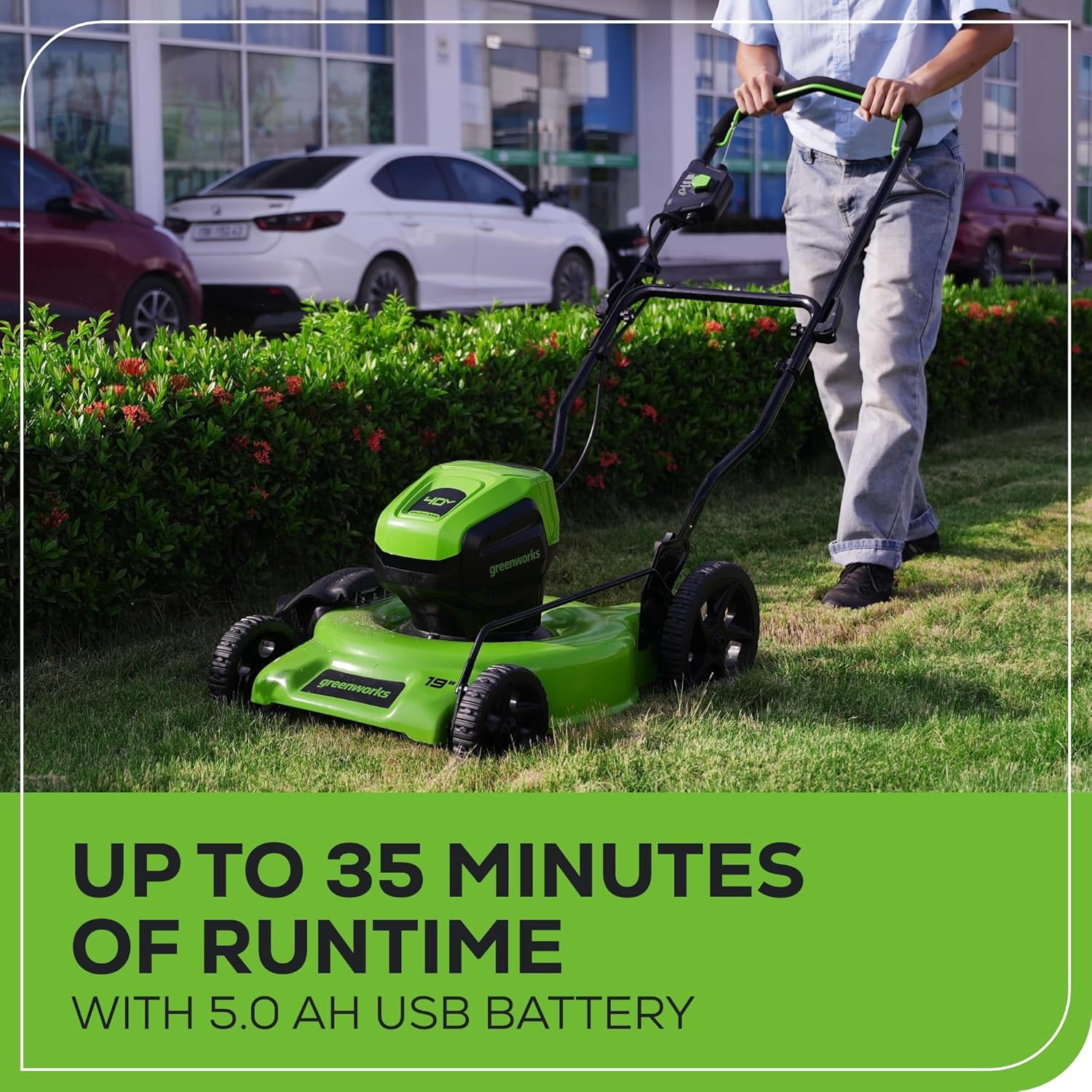 Greenworks 40V 19” BL Lawn Mower, 5.0Ah USB Battery and Charger Included