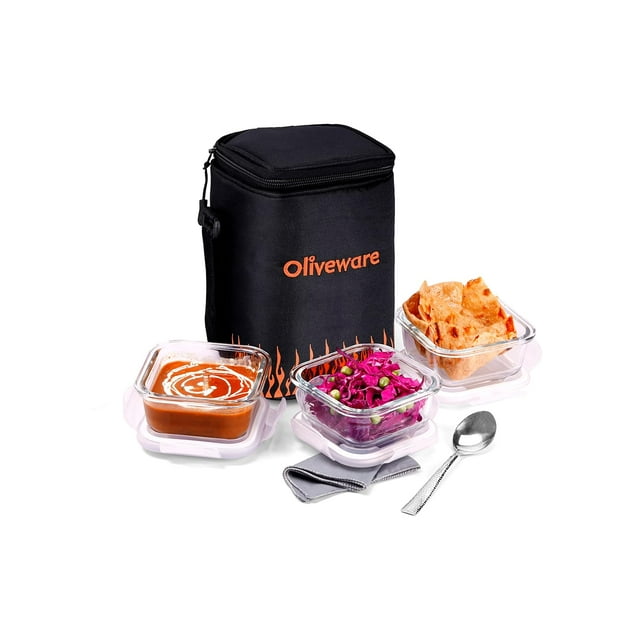 SOPL-OLIVEWARE Pablo Glassware Lunchbox, Napkin & Steel Spoon, Borosilicate Glass & Microwave Proof, 3 Container (320ml), Safety Lock Airtight Square Tiffin Storage Container- Blk_Org