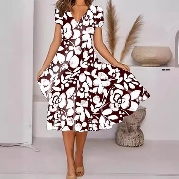 Puntoco Vestido De Manga Corta Con Cuello En V, Vestido Largo Con Cuello En V Y Cintura De Manga Corta Con Estampado De Posicionamiento De Moda Para Mujer Rojo Xl