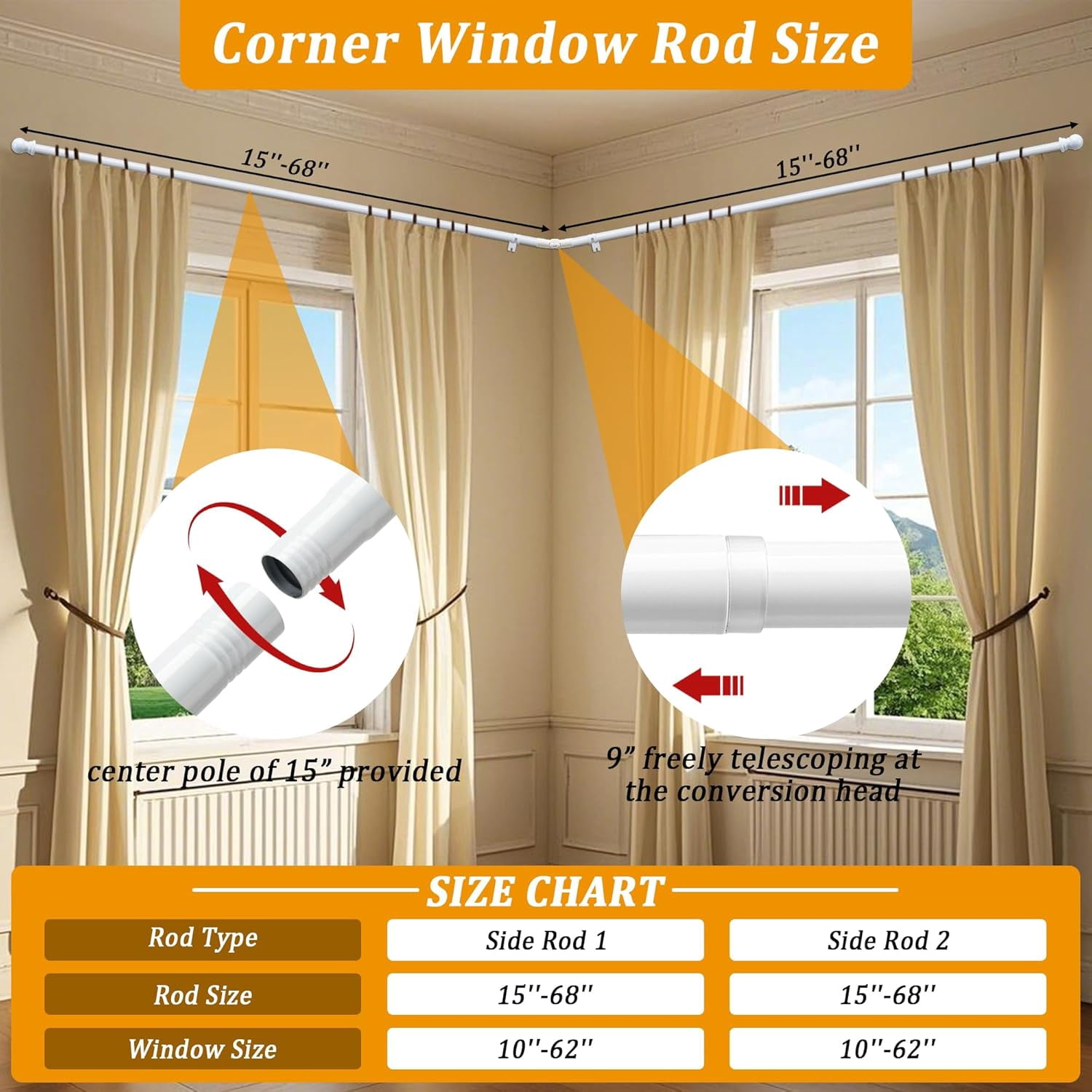 Bay Window Curtain Rods, L Shape Heavy Duty Curved Curtain Rods for Bay Windows with Brackets, 59-184" Adjustable for Bedroom, Living Room, Dinging Room, White