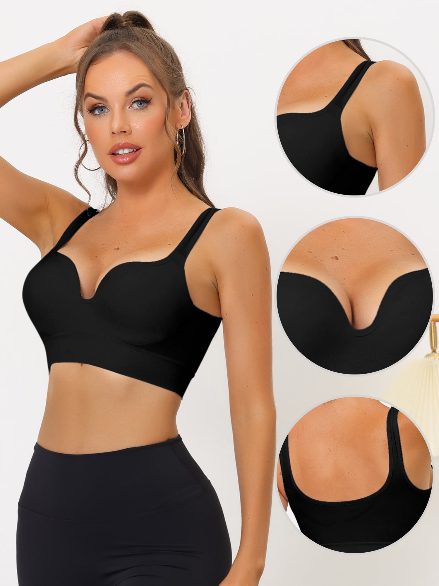 DARING DIVA Women's Medium Impact Workout Deep V Neck Wireless Sports Bras S Black
