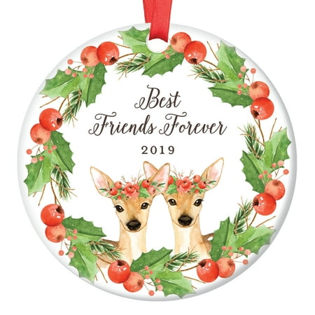 Best Friends Deer Christmas Ornament 2019, Friendship Forever Xmas Present for BFF Bestie Soul Sisters Doe Floral Wreath Ceramic Porcelain 3
