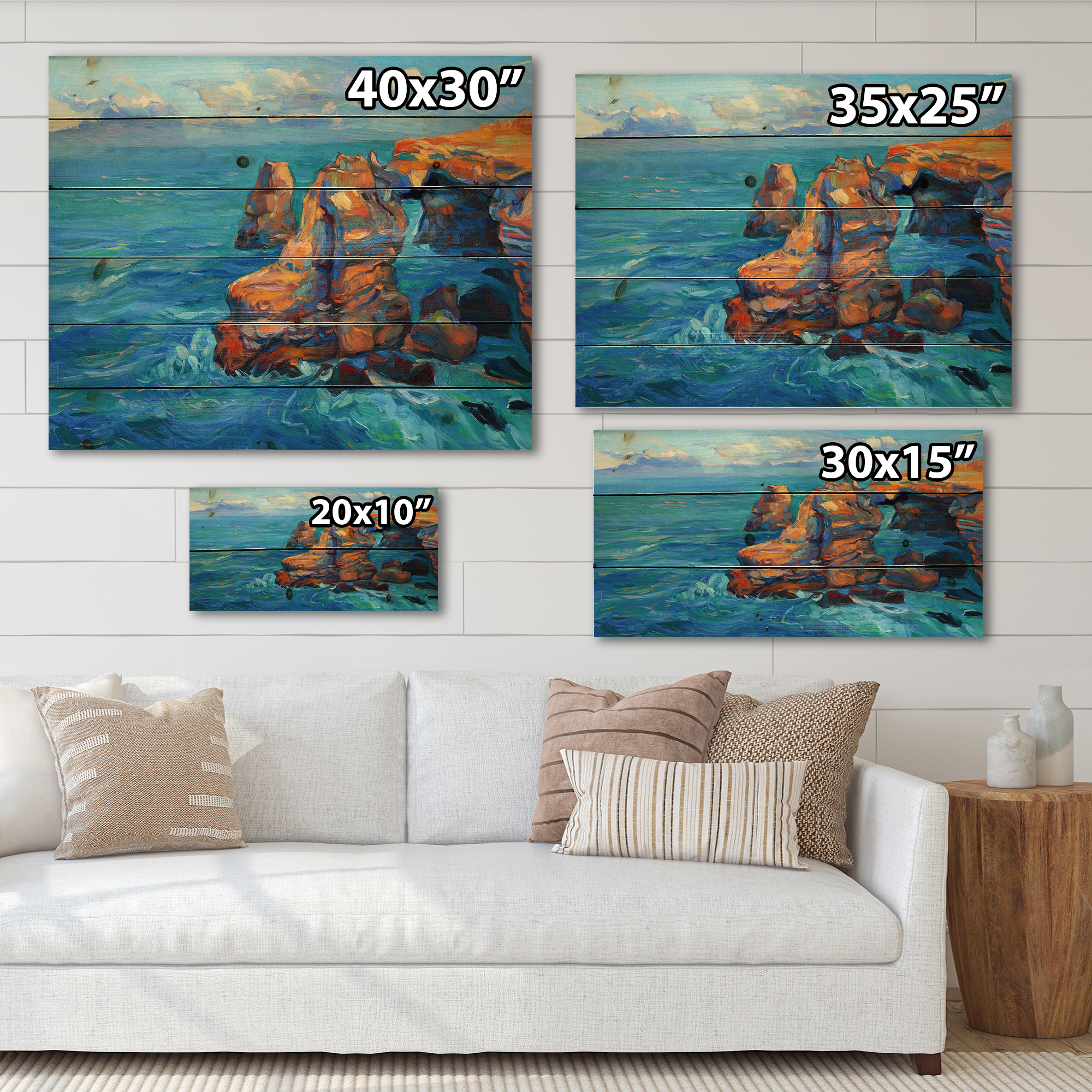 Designart 'The Blue Ocean By Rocky Cliffs' Nautical & Coastal Print on Natural Pine Wood