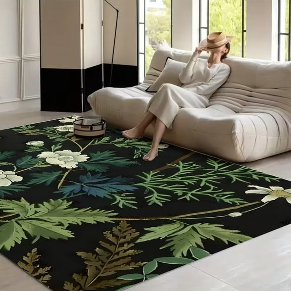 RKSupls 4x3ft Black Sage Green Botanical Soft Fluffy Velvet Area Rug for Living Room Bedroom, Non-Slip Washable Carpet, Modern Minimalist Home Decor Floor Mat