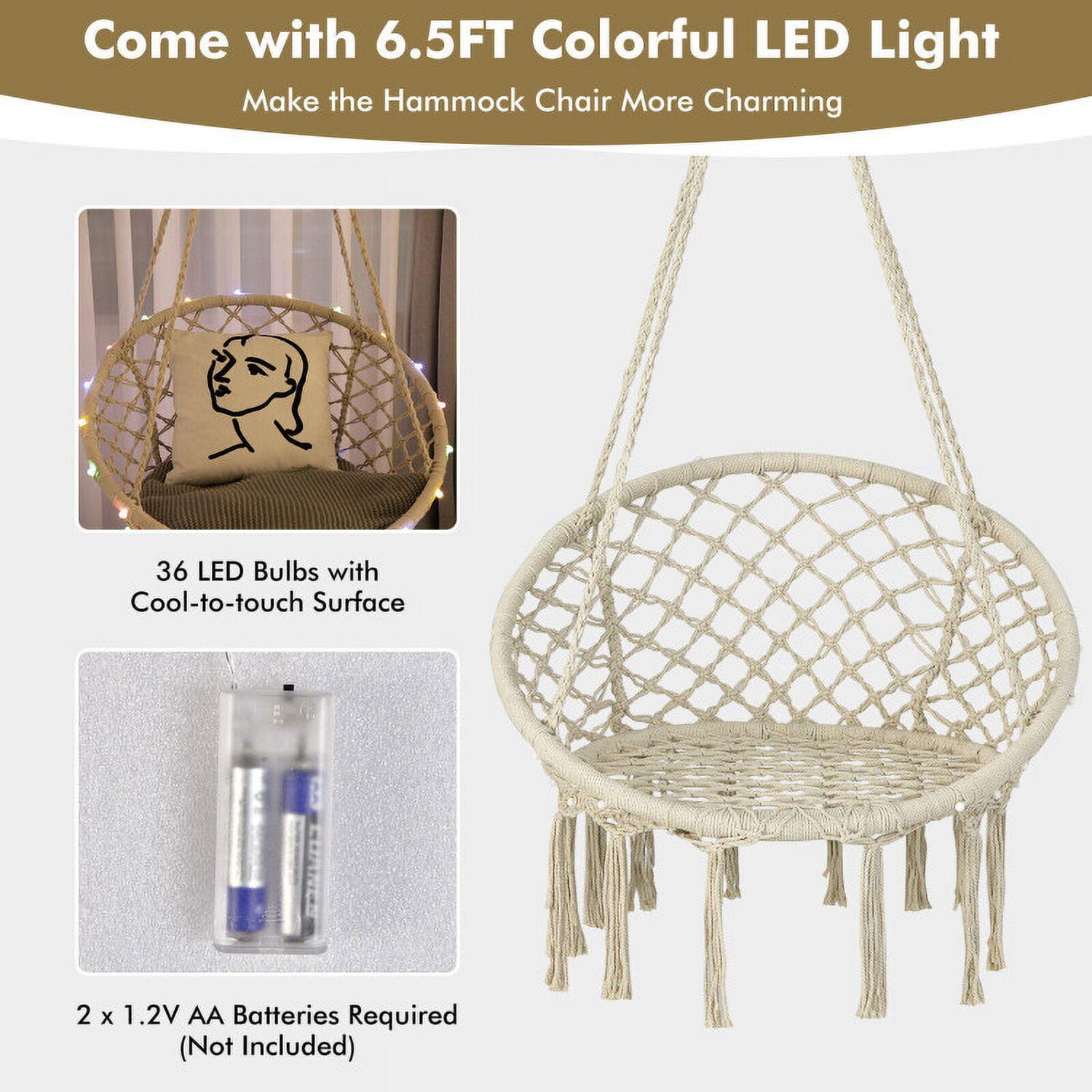 Aimee Lii Hammock Chair LED Lights Hanging Swing Indoor Outdoor, Comfy Outdoor Chair