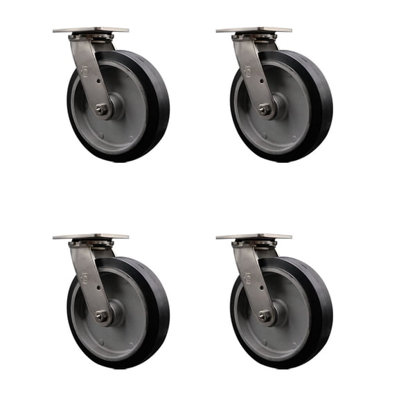 8 Inch 316SS Rubber on Aluminum Wheel Swivel Caster Set with Roller Bearings SCC