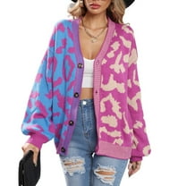 SWSMCLT Women's Long Sleeve Chunky Sweater V Neck Casual Cozy Baggy Knit Cardigan Sweater Cheetah Color Block Button Up Purple Medium