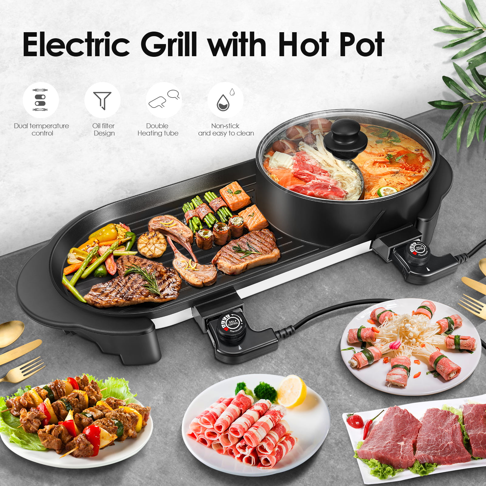 Hot Pot Cooker Teppanyaki Mandarin Duck 2 in 1 BBQ& Hot Pot Glass Lid Practical Handle Heatproof Large Easy Cleanup Cooking 1500W Cooking Tool Easy Cleanup 