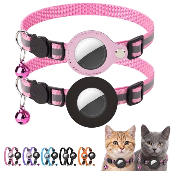 WAAYEEPAL 2 Pack Cat Collars - Adjustable Reflective Collar with Airtag Holder & Bell, Pink