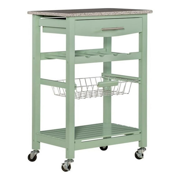 Linon Natalie Granite Top Rolling Kitchen Storage Island in Green Wood