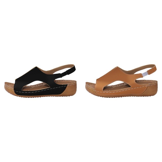 (2-Pack) Rinsvye Women Summer Retro Solid Color Leather Look Platform Wedge Sandals Open Toe Big Size Footwear Ladies Summer Shoes