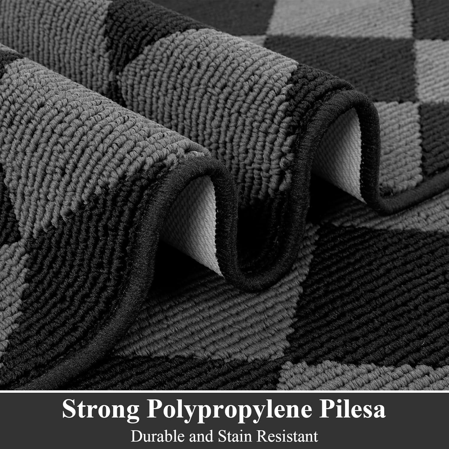 MeyJey Diamond Plaid Kitchen Rugs Sets of 3, Non Slip Kitchen Floor Mats Washable Kitchen Rug, Black Gray
