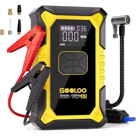 GOOLOO A3 Jump Starter with Air Compressor, 3000A Portable Car Battery Jumper Starter (9.0 Gas/6.5L) with 150PSI Auto-Shutoff Tire Inflator, 12V Supersafe Lithium Jump Box Car Booster, Yellow