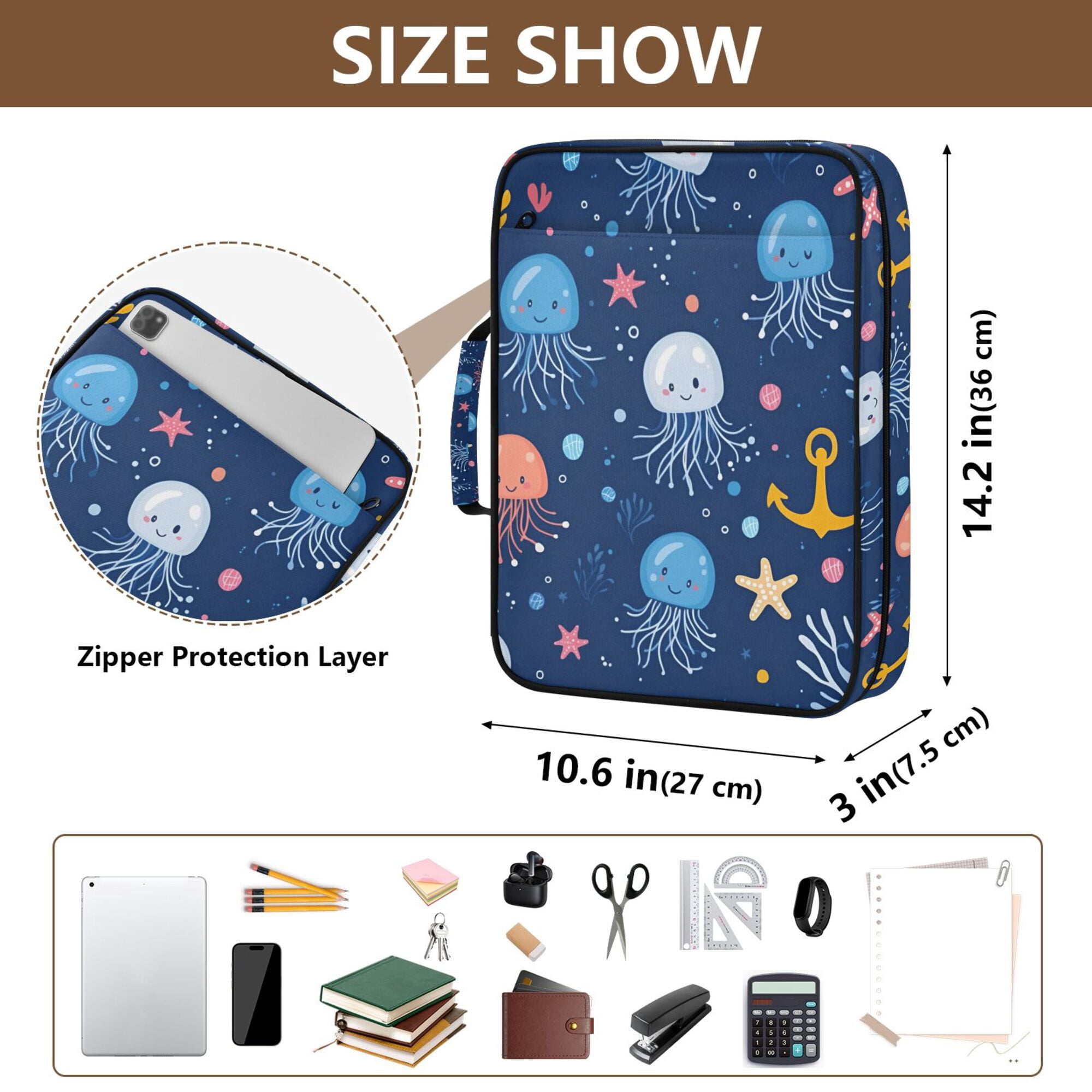 FORMRS Accordion File Folder A4 Size 7-Pocket Expanding Document Organizer Bag with 3 Ring Binder, Blue Jellyfish