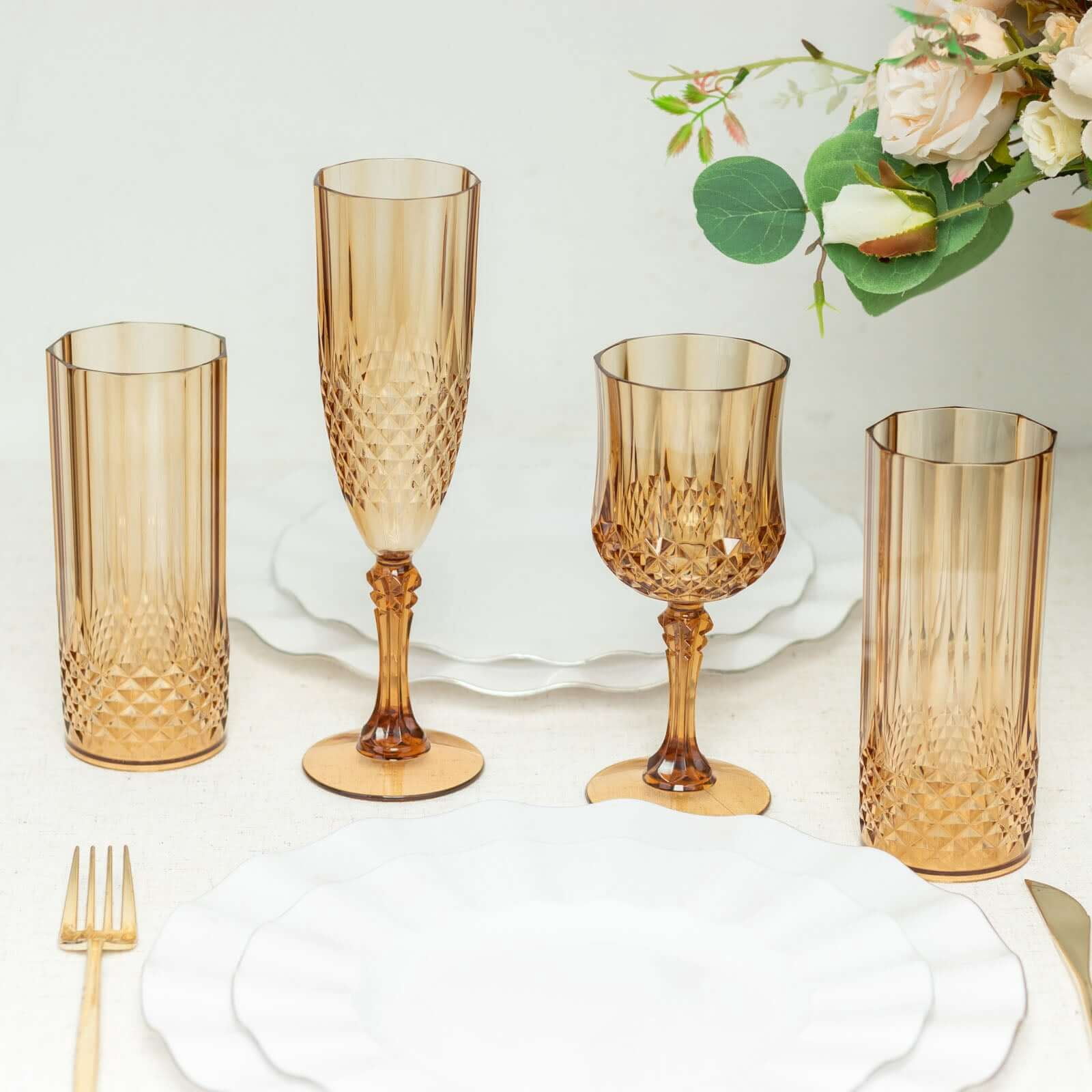 Efavormart 6-Pack Plastic Wine Glasses 8oz, Amber Gold - Crystal Cut Shatterproof Cocktail Goblets Drinking Glasses
