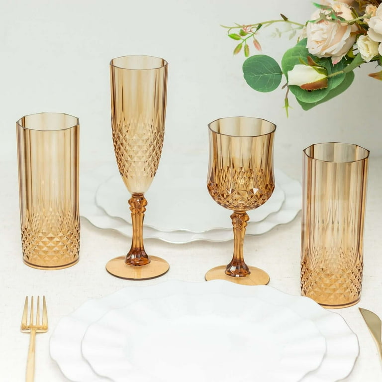 Efavormart 6-Pack Plastic Wine Glasses 8oz, Amber Gold - Crystal Cut Shatterproof Cocktail Goblets Drinking Glasses