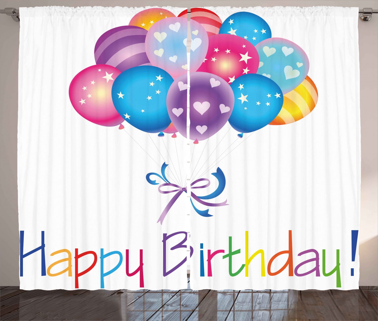 Birthday Curtains 2 Panels Set, Balloon Bouquet with Stars and Heart Shapes Best Wishes Joyful