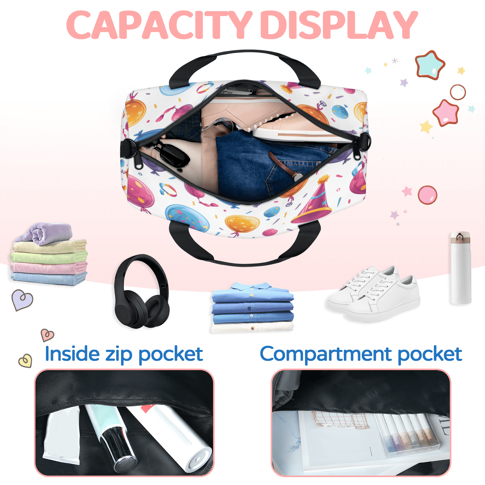 Herdesigns Happy Birthday Theme Gym Bag for Women, Duffle Bag for Travel Sport, Lightweight Waterproof Carry on Weekender Overnight Dance Yoga Workout Bags