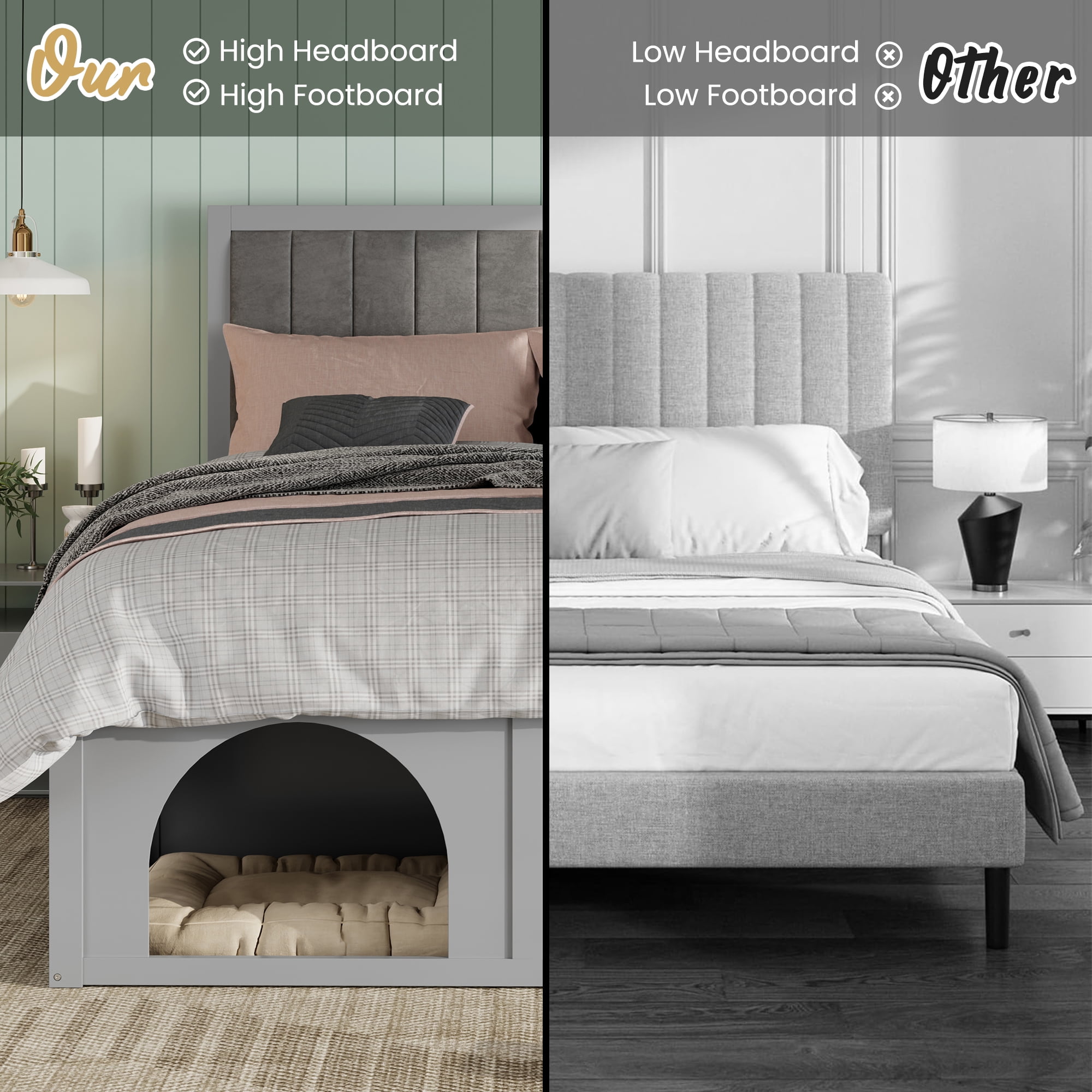 Mintazer Queen Size Upholstered Platform Bed Frame with Under‑Bed Pet Nook, Channel Tufted Headboard Bed for Bedroom, Black