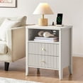thumbnail image 3 of Fluted Nightstand with Charging Station, 21" Wide Modern Bedside Table with 2 Drawers & Open Shelf, Wood End Table with Storage & Metal Handle for Bedroom, Small Spaces, Creamy White, 3 of 14