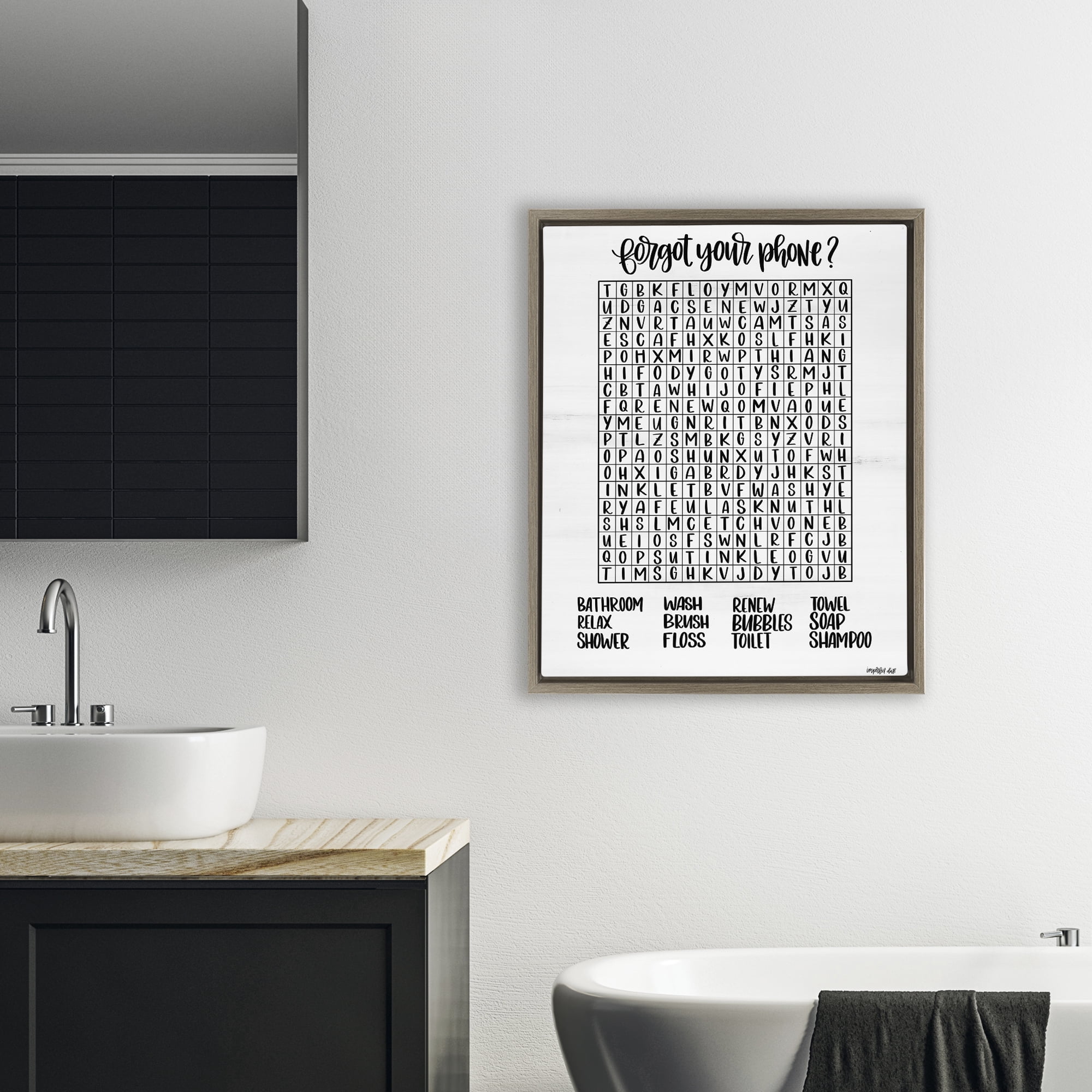 Stupell Industries Forgot Phone Bathroom Wordsearch Brown Framed Floater Canvas Wall Art, design by Imperfect Dust