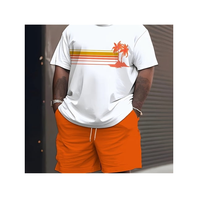 1 T-shirt avec Imprimé Coucher de Soleil Tropical et Palmier Ensemble Loisirs Mode Printemps-Été pour Hommes