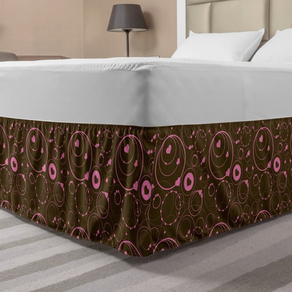 Hearts Bed Skirt, Valentines Day Themed Ornate Romantic Pink Circles and Shapes on Dark Background, Elastic Bedskirt Dust Ruffle Wrap Around for Bedding Decor, 4 Sizes, Pink Brown, by Ambesonne