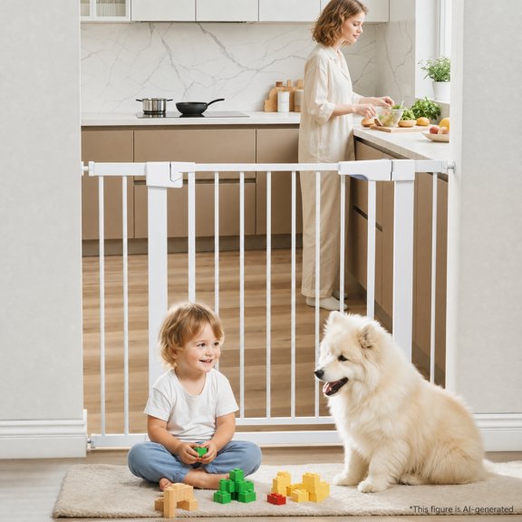 Naipo Baby Safety Gate,29.93~40.55 inch Wide Walk Through Baby Gate Hardware/Pressure Mounting Kit,with 2 Extensions for Age 6 to 24 Months,White