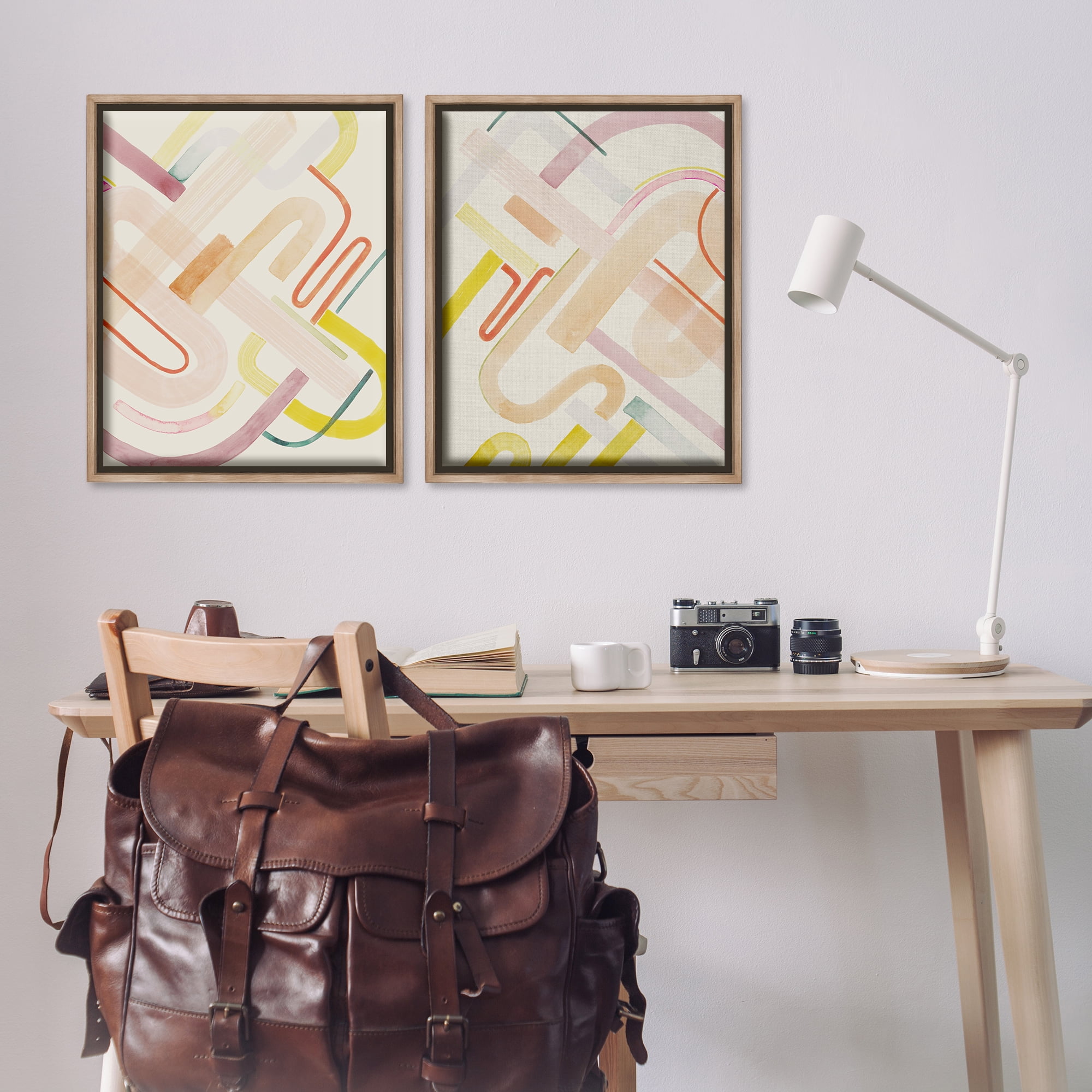 Stupell Industries Retro Neutral Patterns Abstract Painting Brown Floater Framed Canvas Art Print Wall Art, 31 x 25, Set of 2