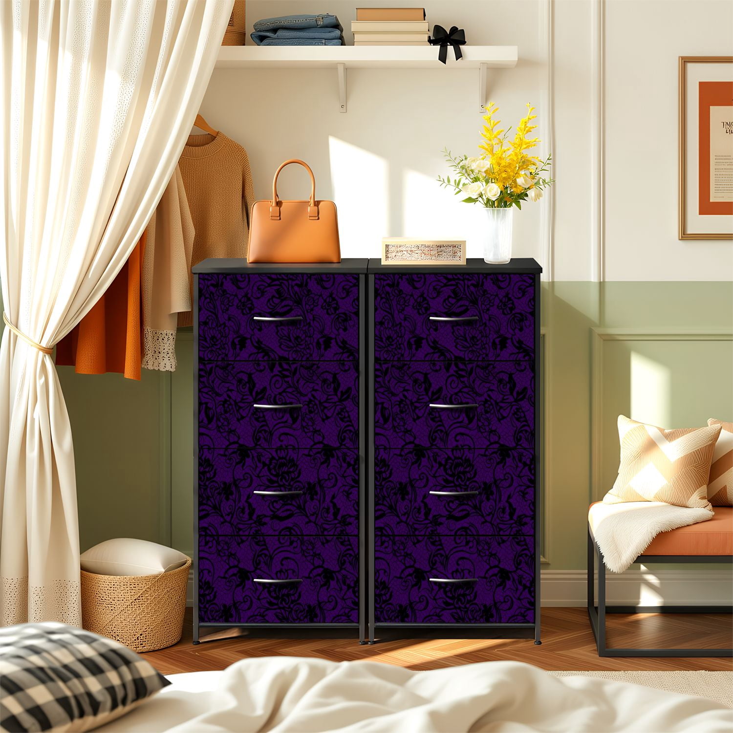 Dresser for Bedroom with 4 Storage Drawers Floral Damask Deep Purple Black Ornate Vintage Baroque Style Dressers Chest of Drawers Steel Framed Fabric 