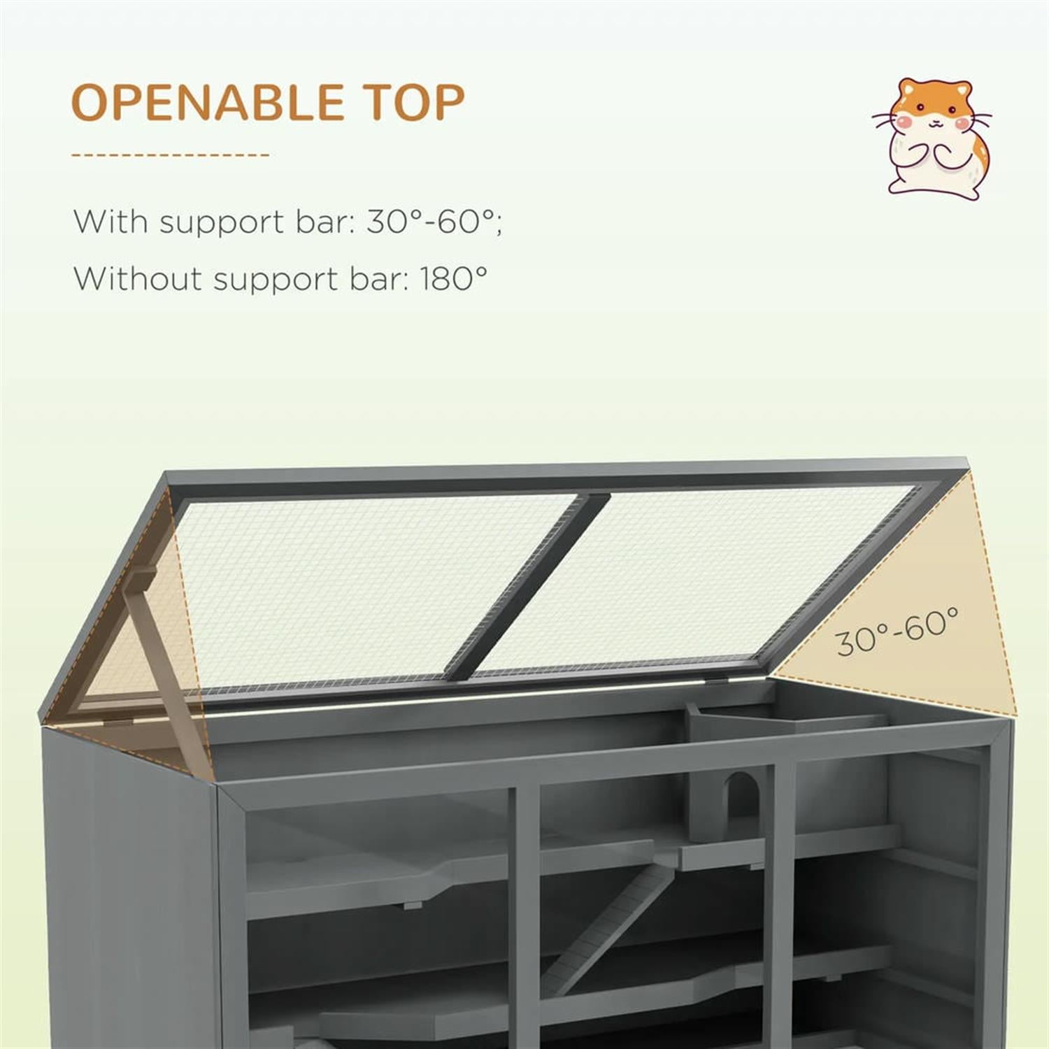 Kadyn 45" Wooden Hamster Cage with Opening Roof, Hut, Ramps, Large Small Animal Habitats for Guinea Pig Cages, Gray