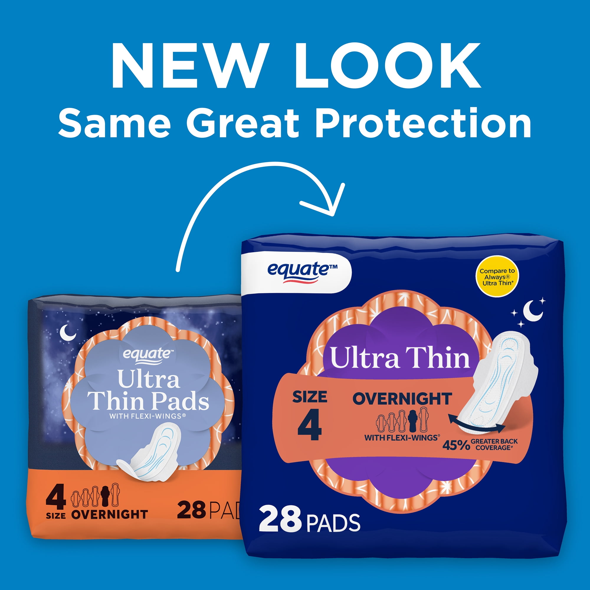 Equate Ultra Thin Pads with Flexi-Wings, Overnight Absorbency, Size 4, 28 Count