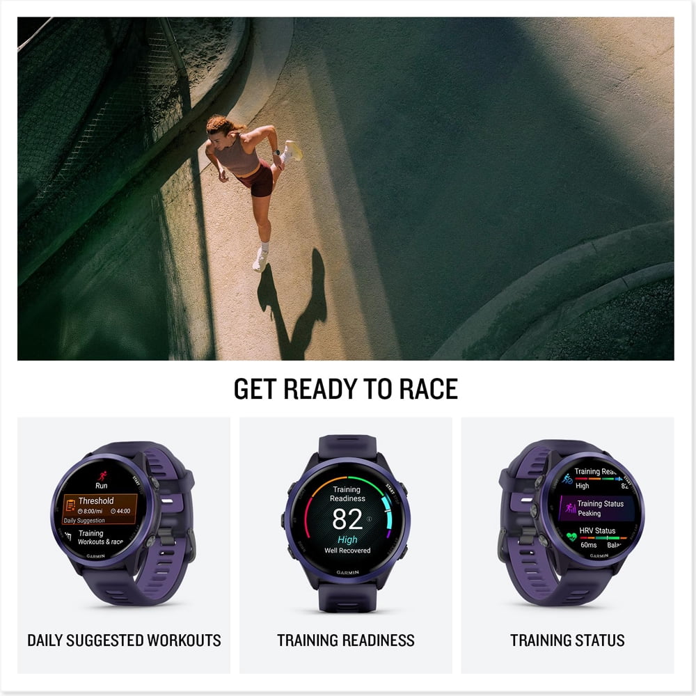 Garmin 010-02971-02 Forerunner 570 - 47mm GPS Smartwatch, Aluminum and Purple/Indigo Band Bundle with Deco Essentials Charging Dock, 3x Silicone Dust Cover and USB Type C Charging and Sync Cable